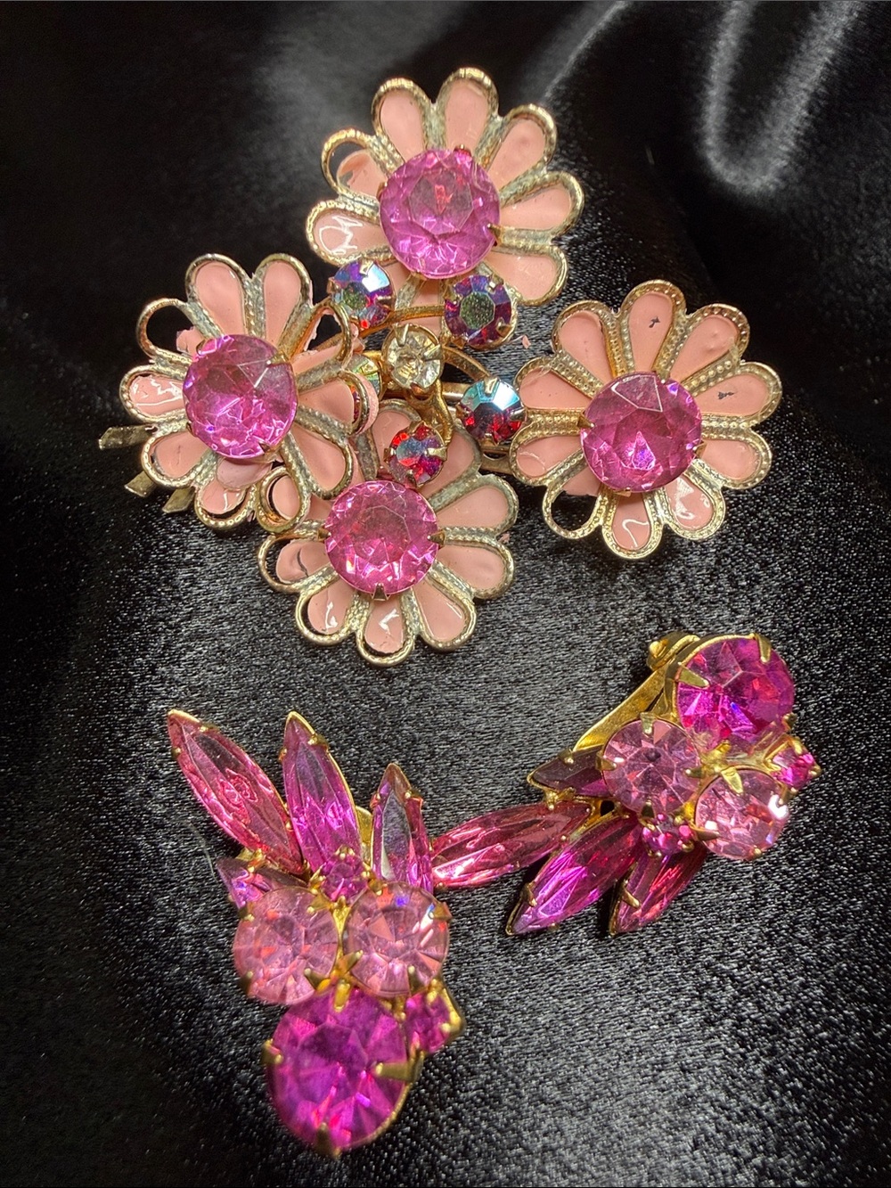 Pink Floral Crystal Brooch and Clip-On Earring Set